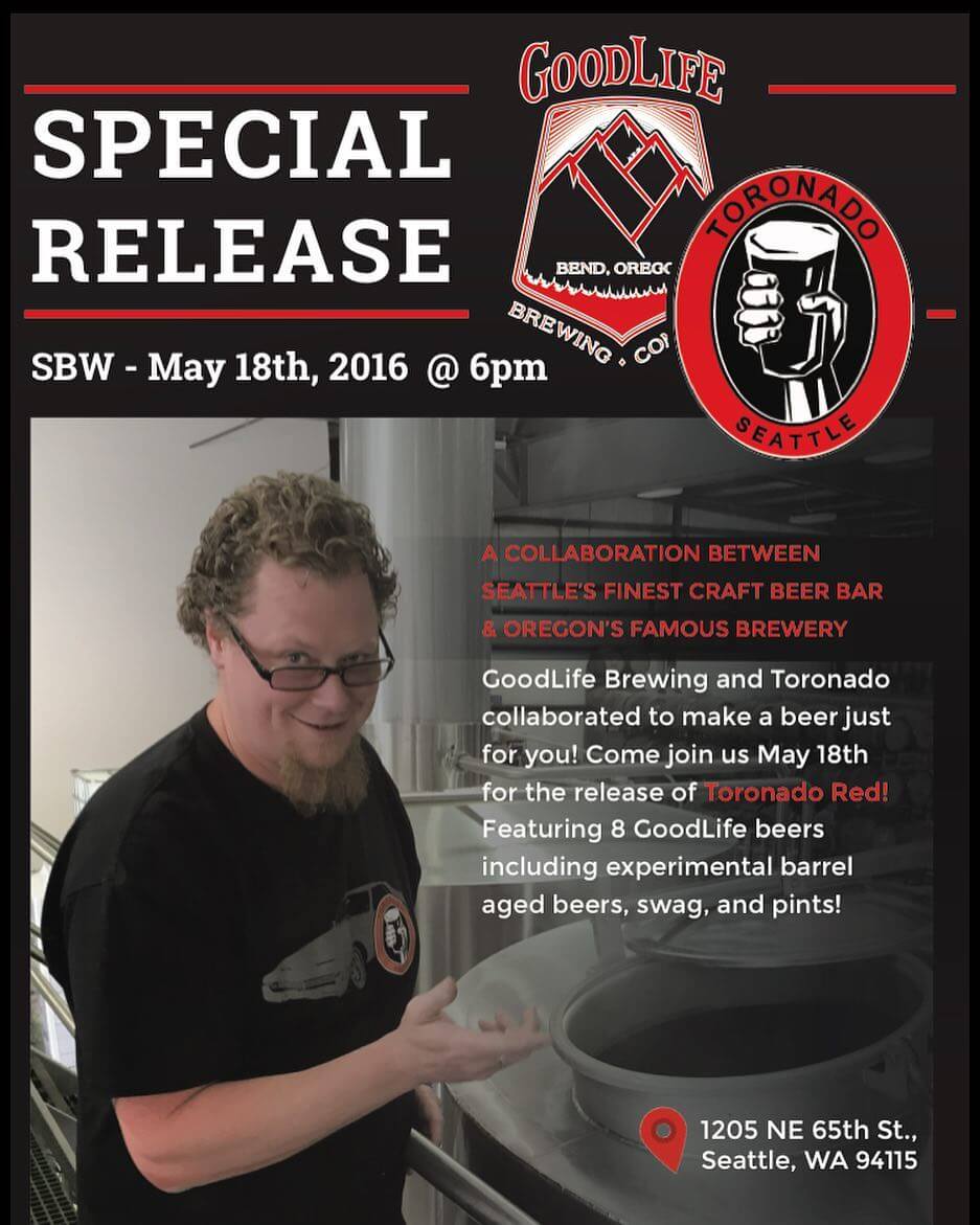 Tonight's the night! Come join us at @toronado_seattle for the release of Toronado Red! Between trying Toronado Red and some of our new barrel aged beers we've made, you won't be disappointed! See you at 6pm! 🍺
🍺
🍺

#goodlifebrewing #bend #oregon #oregonbeer #craftbeer #draftmag #beeradvocate #craftnotcrap #sbw #sbw16 #seattle #toronado #collaboration #beer #adventurousales #beeroftheday