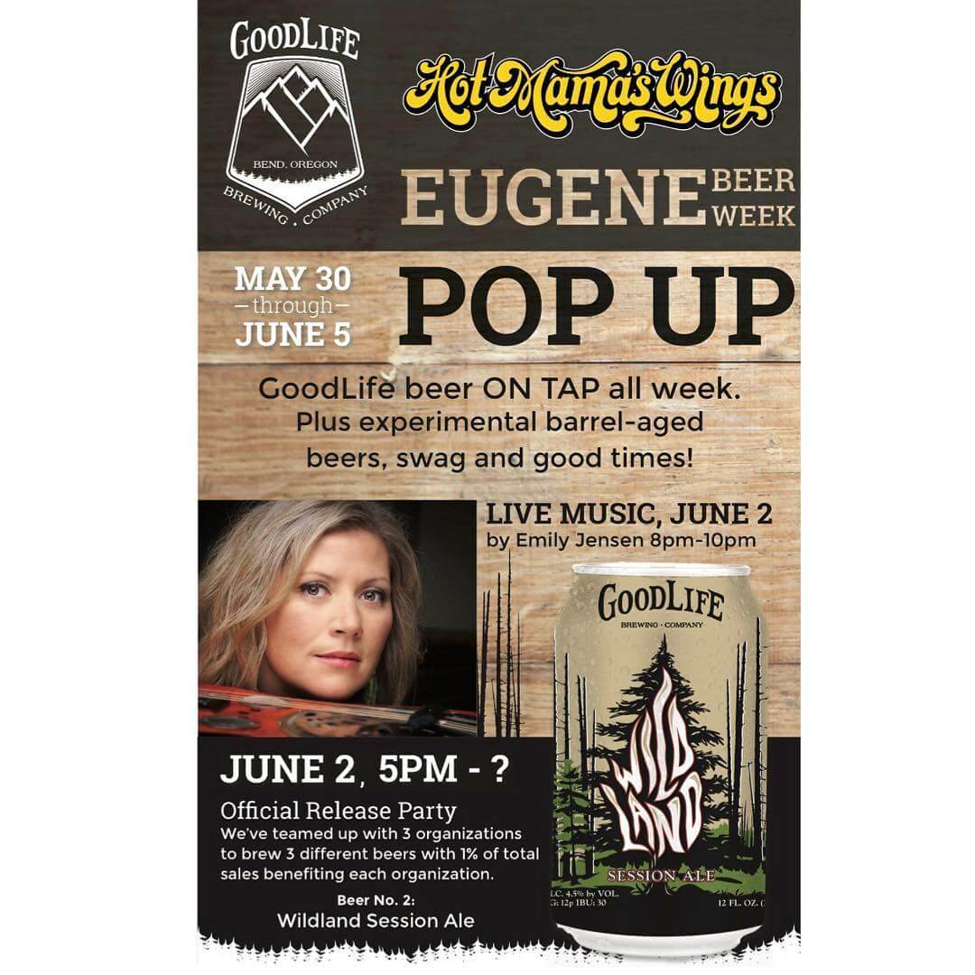 Tonight's the night for one of the premier events of #eugenebeerweek!  We'll be in the house @hotmamaswings from 5pm-10pm sampling beers, watching Game 1 of the #nbafinals, and listening to Emily Jensen live from 8pm-10pm! If you've never heard her, come change that! 
Here is tonight's GoodLife starting 5 beers:

Wildland Session Ale
Descender IPA
Evil Sister Imperial Wheat Ale
Sweet As Abby Ale
GoodLife Strong Ale 🍺
🍺
🍺

#goodlifebrewing #bend #oregon #oregonbeer #eugene #eugeneoregon #beerweek #livemusic #ducks #hotmamaswings