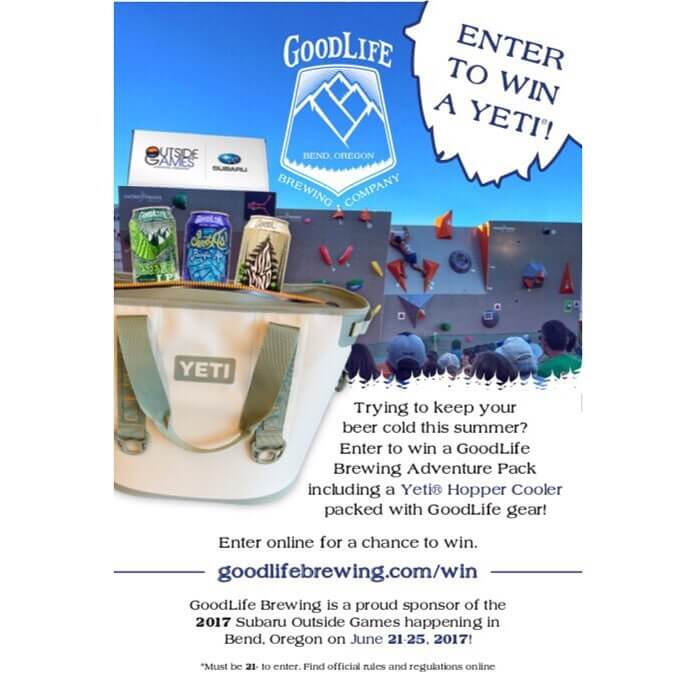 Want to win a GoodLife Brewing Adventure Pack featuring a @yeti Hopper?! It’s easy! Be sure to follow us on #instagram and then follow the link to our website and sign up! We’re proud to be the #official beer sponsor for the @theoutsidegames and we want to make sure your geared up for the summer!