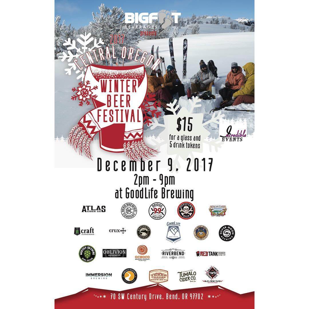 The 5th Annual Central Oregon Winter Beer Festival presented by @bigfootbeverages is happening on Saturday, December 9th from 2pm-9pm! Entry is $15 for a glass and 5 drink tokens with all the proceeds benefiting the Central Oregon Brewers Guild. Almost all of the breweries #inbend will be pouring their finest winter ales for your enjoyment!