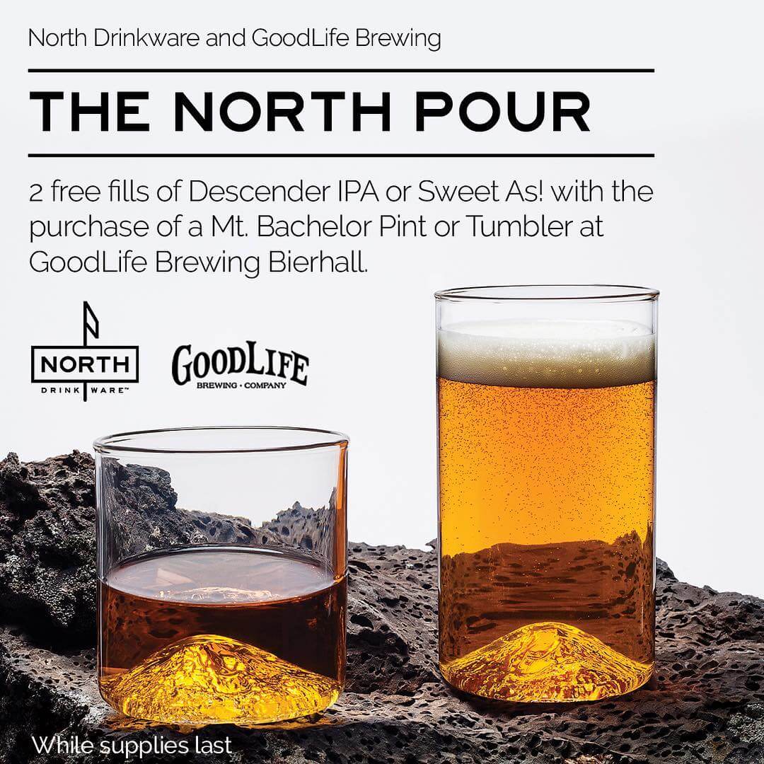 We’ve teamed up with @northdrinkware to bring you The North Pour! With the purchase of one of their brand new Mt. Bachelor hand blown glasses in the pub, that they launched today, you get two fills of Descender IPA or Sweet As! Pacific Ale for $45 while supplies last! These are some of the coolest pints and tumblers we’ve ever seen so be sure to come get yours! #northdrinkware #goodlifebrewing