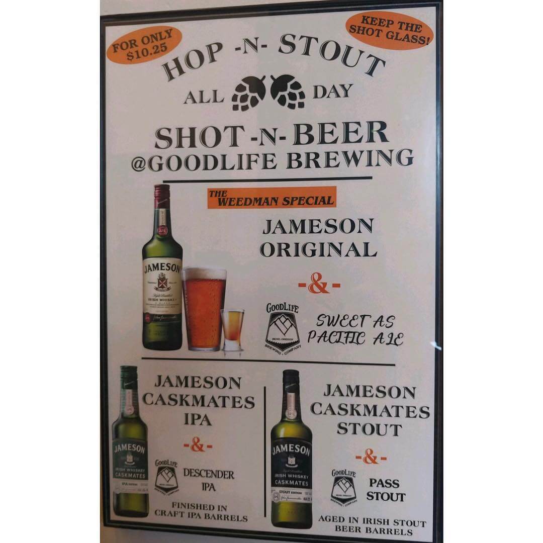 Happy St. Patrick’s Day! We have the Weedman Special going today which is a shot of @jamesonwhiskey and a pint of Sweet As! Pacific Ale. We will also have other pairings of Pass Stout and Descender IPA with their Jameson caskmates series! See you at noon! #stpatricksday #whatsyourgoodlife