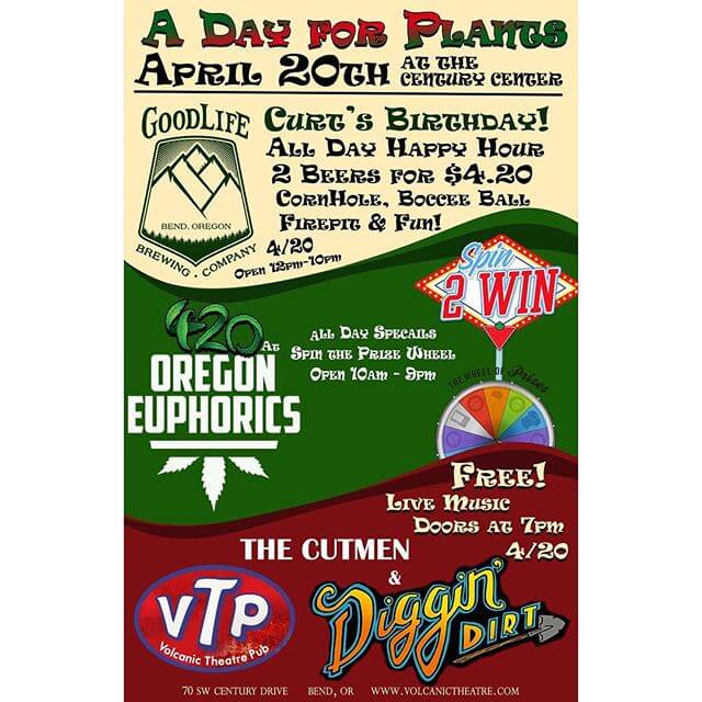 A Day For Plants! Next Friday, 4/20, would have been Curt’s 34th Birthday and well… we’re going to throw a big party for him and we’d love for everyone to come and raise a pint for him!  We’re going to be having Happy Hour pints all day, @oregoneuphorics is going to be having a prize wheel going, and @volcanictheatrepub is having a free concert featuring The Cutmen & Diggin Dirt starting at 7pm! Come by for a few minutes or all night! 🍻