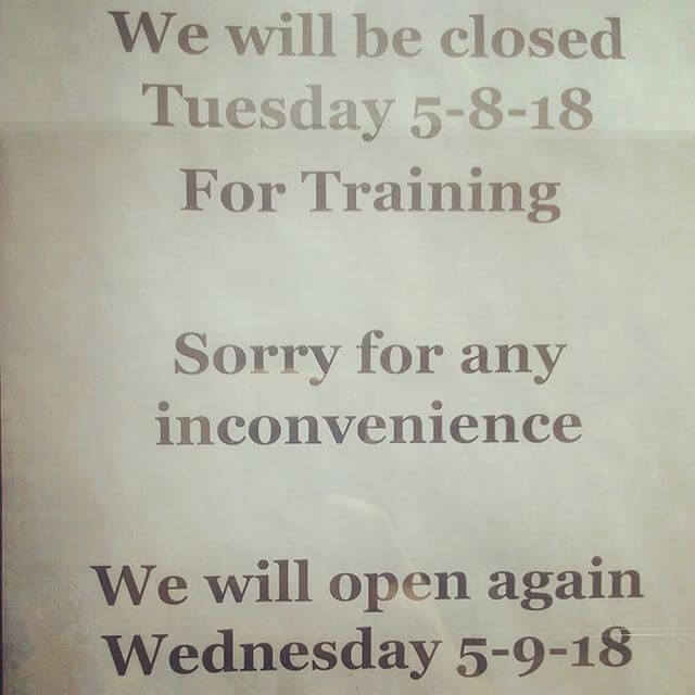 We are getting a new POS system installed today so we are closed for the day for server training. We’ll be open tomorrow for normal hours and we apologize for any inconvenience!