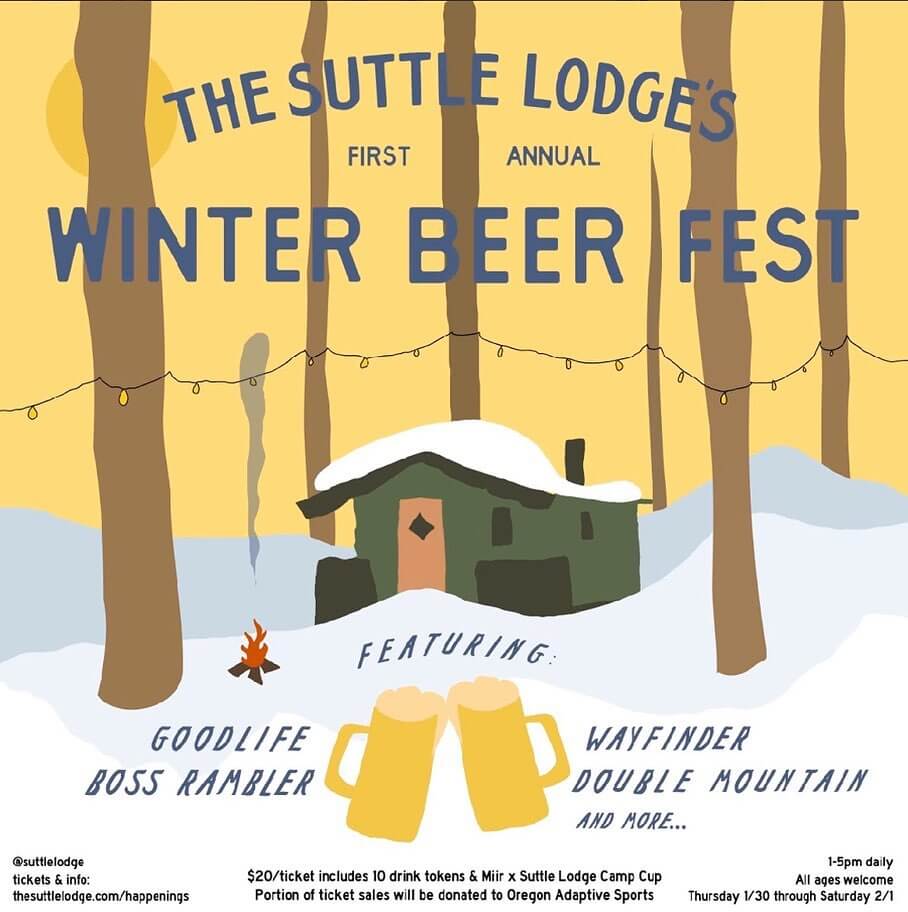 Join us for the first annual Winter Beer Fest at @suttlelodge tomorrow! Each of their Rustic Cabins will be filled with local Oregon breweries bringing you 3 days of ale and snacks on the grill — all under the pines of the Deschutes National Forest. Each ticket benefits @oregon_adaptive_sports & comes with a limited edition @miir x Suttle Lodge camp cup. $20 per ticket includes 10 drink tokens and access to all 3 days of the fest.

Boss Rambler Beer Club and GoodLife Brewing Co. are stoked to release this One and Only Unique Collaboration Ale for the first Annual Suttle Lodge Winter Brewfest. Wanting to bring the terroir of the mountains back to the brewery, we visited the Deschutes National Forest in Suttle Lake’s backyard and hand selected Native Spruce Tips to include into the Wort Process (The brewery smelled like Spruce all Day!) The outcome is a Hop forward, Juicy Red IPA, with a subtle back-end spruce-like bitterness and aroma! 
Ft. @goodlifebrewing, @bossramblerbeerclub, @wayfinderbeer, @doublemountain, @everybodysbrewing, @pfriembeer, @wildridebrew, @breaksidebrews, @stormbreakerbrewing @littlebeastbrewing, @ninkasibrewing, @heaterallenbeer & more.

Thursday 1/30 – Saturday 2/1 from 1-5pm daily.
#slwinterbeerfest