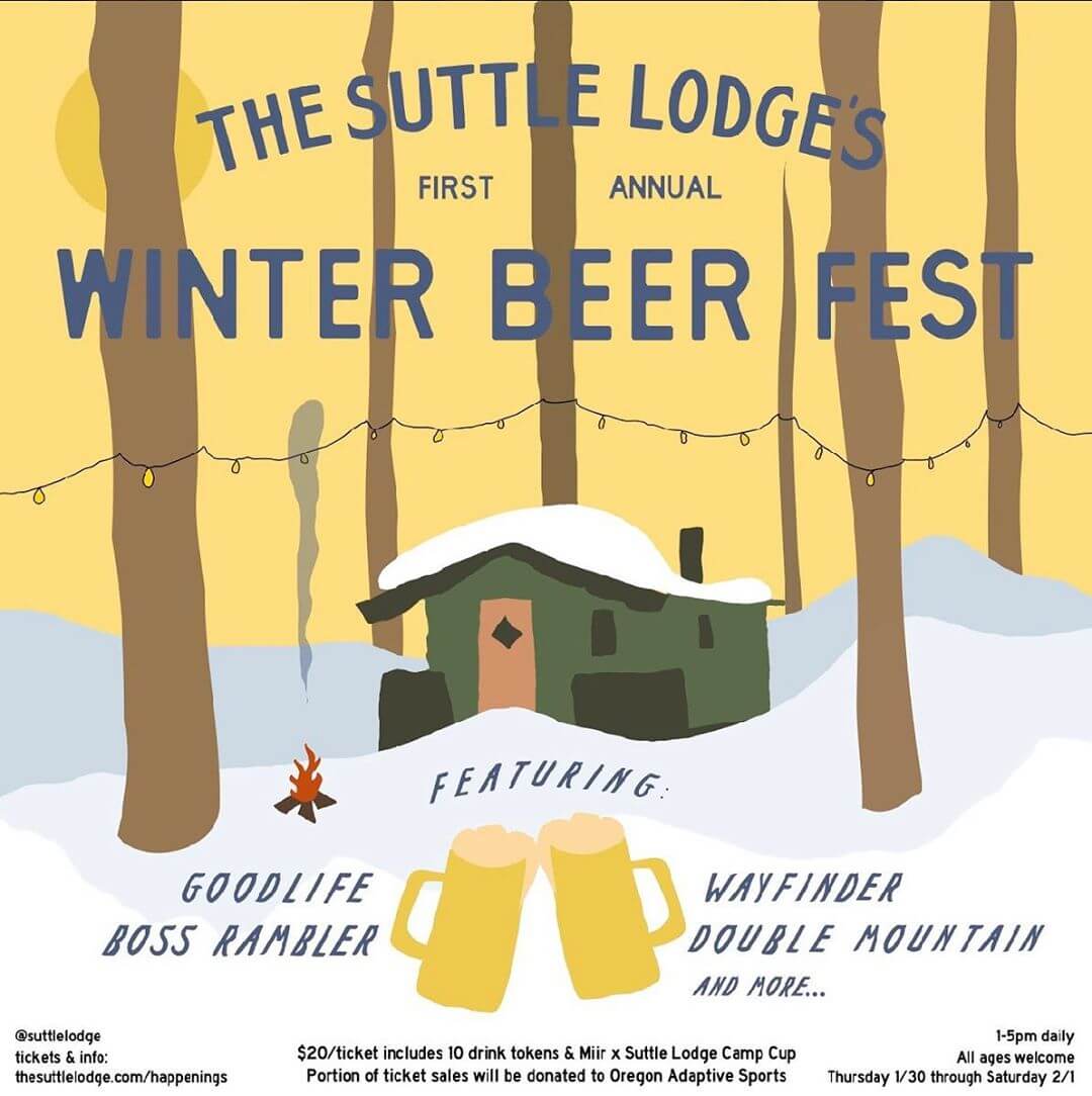 Join us for the first annual Winter Beer Fest at @suttlelodge! Each of their Rustic Cabins will be filled with local Oregon breweries bringing you 3 days of ale and snacks on the grill — all under the pines of the Deschutes National Forest. Each ticket benefits @oregon_adaptive_sports & comes with a limited edition @miir x Suttle Lodge camp cup. $20 per ticket includes 10 drink tokens and access to all 3 days of the fest.

Ft. @goodlifebrewing, @bossramblerbeerclub, @wayfinderbeer, @doublemountain, @everybodysbrewing, @pfriembeer, @wildridebrew, @breaksidebrews, @stormbreakerbrewing @littlebeastbrewing, @ninkasibrewing, @heaterallenbeer & more.

Thursday 1/30 – Saturday 2/1 from 1-5pm daily.
#SLwinterbeerfest