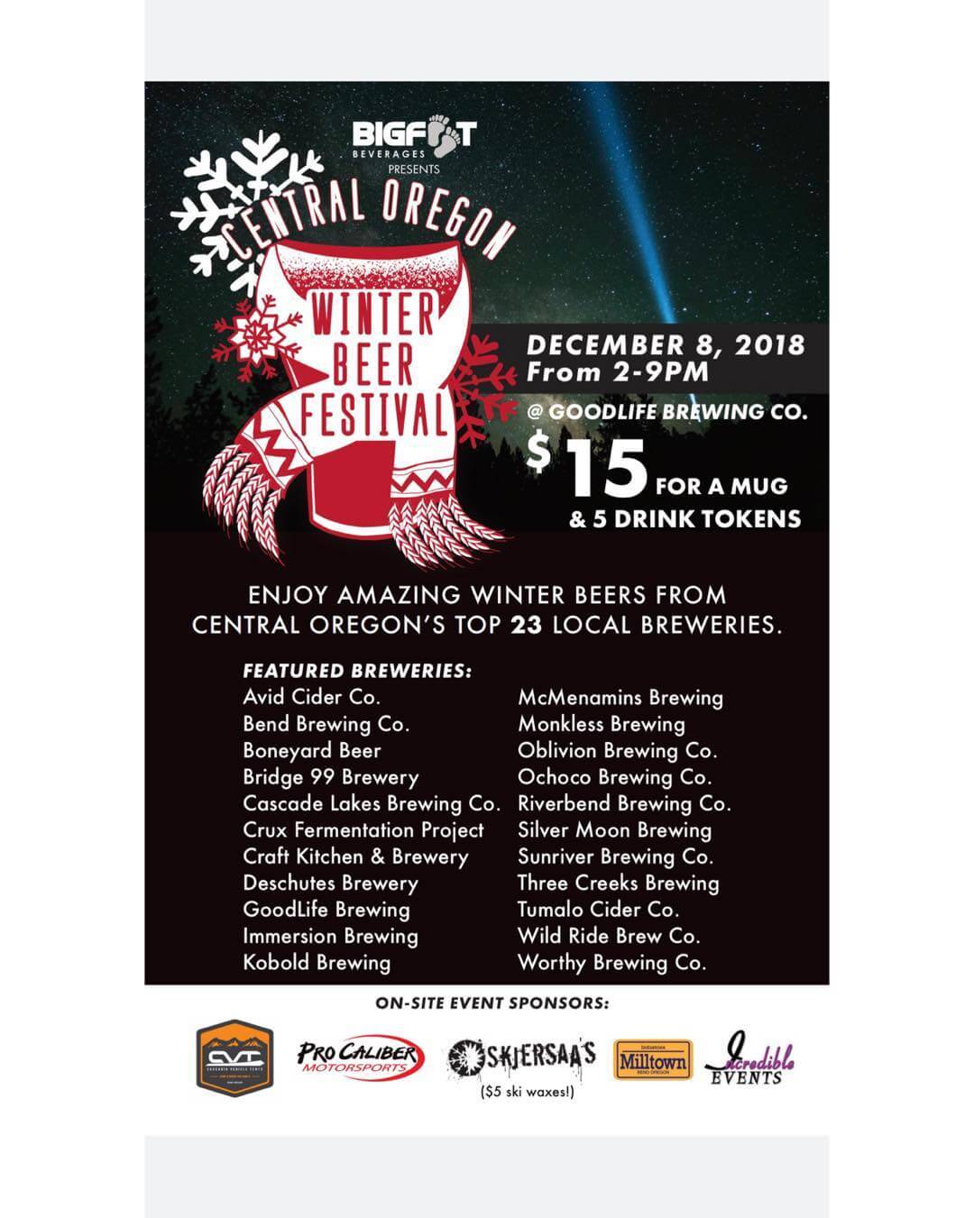 The 6th Annual Central Oregon Winter Beer Festival presented by @bigfootbeverages is less than 24 hours away and this year is shaping up to be the best yet! Tone Red is playing from 4:30pm-7:00pm while @bigskispierogi @parrillagrillbend and @dasbrat.wagen are serving delicious food all day! @cvttents and @procaliber_bend will be showcasing their goods and @skjersaas will be waxing skis and snowboards for $5. 100% of the proceeds of the event goes to the Central Oregon Brewers Guild so grab some friends and let’s raise some money tomorrow! #cowbf18