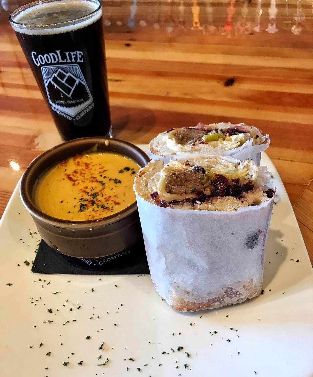 The food special in the pub today is a Pulled Pork Wrap with habanero cranberry compote, beer cheese, shredded iceberg, red onions, pepperoncini, and Havarti cheese on a warm baguette. Served with a cup of Butternut Squash Soup with ginger and cayenne. We just kegged some fresh Pass Stout that tastes amazing with the pulled pork so come on down for Local’s Day! #whatsyourgoodlife