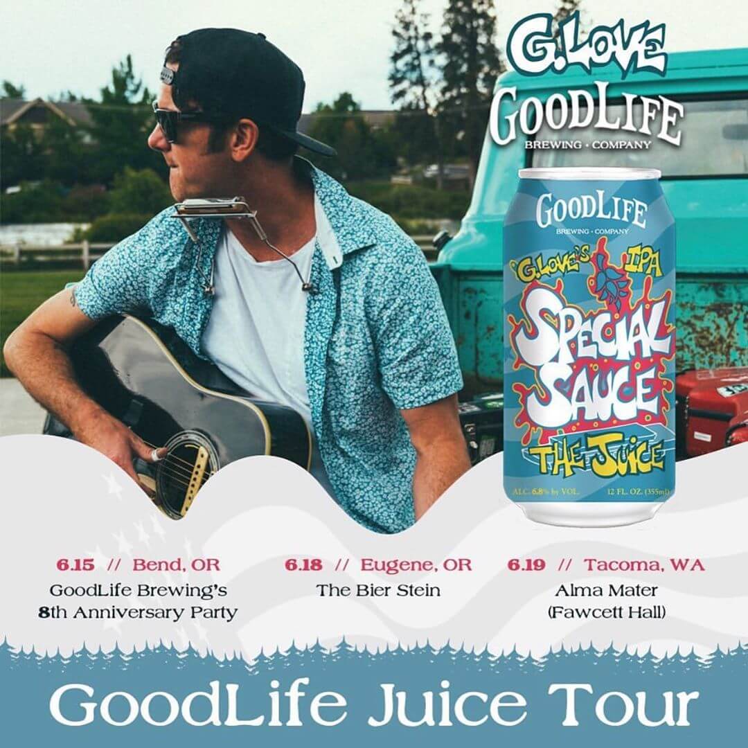 The Juice Tour starts in a few days and we hope to see you there! We’re doing three shows this year and here’s the info on how to see one (or more): 6/15/19 @goodlifebrewing 8th Anniversary Party from 1pm-8pm. Tickets are $10 which includes a free beverage and 100% of tickets sales are being donated to @restorethedeschutes 
6/18/19 @biersteineugene from 6pm-9pm. Free show!

6/19/19 @almamatertacoma from 6pm-9pm. Tickets are $5 and 100% of tickets sales are being donated to the @southsoundsurfrider. Click the link in our bio to buy your ticket now!

This harmonious collaboration will be hitting shelves in OR, WA, ID, and VT in cans and limited kegs through September.  If you live outside of those states, our good friends @tavour will have it available for shipment to the following states: CA CO NV NM OH WI NY NE DC MA FL PA NH NJ. Click the link in our bio or follow them for details on how to sign up to get your hands on the #juiceipa