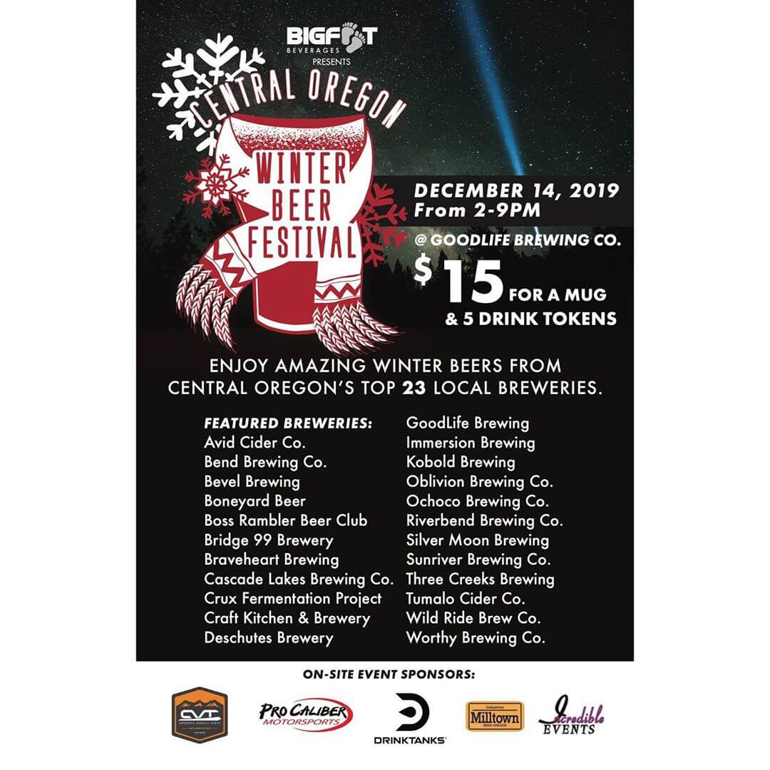 Tomorrow is the 7th Annual Central Oregon Winter Beer Festival presented by @bigfootbeverages. 
COWBF is a fundraiser for the Central Oregon Brewers Guild, COBG, which works to bring outside awareness to Central Oregon by focusing on our local craft beer culture, with a mission to drive tourism and commerce to Central Oregon, as well as surrounding Oregon communities. The COBG is composed of people working at Central Oregon breweries and was formed to give Central Oregon beer a united voice.

We are excited to announce that @procaliber_bend and @cvttents who will be bringing some of their goods to show off. @milltown_industries has kindly donated firewood to keep us warm all day and night! In addition to toys and gear, we’ll have @bigskispierogi , Avid wings, and GoodLife Brewing’s food truck on-site serving up delicious food.

Admission to COWBF will be $15.00 and attendees will receive a commemorative COWBF mug, as well as 5 drink tokens. We are excited to announce that DrinkTanks will be making a limited run of COWBF tumblers that will be available for $20, in addition to 5 drink tokens.  Each additional token will cost $1.00.

We are excited to announce that @sideabrewing and @bendcider will also be joining us this year! 
Volunteers are still needed and if you want to help out, please email cobg.lou@<span class="oe_displaynone">null</span>gmail.com!

@avidcidercompany @bendbrewingco @bevelbeer @boneyardbeer @boneyardelixir @bossramblerbeerclub @bridge99brewery @braveheartbrewing @cascadelakesale @cruxfermentationproject @craftkitchenandbrewery @deschutesbrewery @immersionbrewing @koboldbrewing @oblivionbrewingco @ochocobeer @riverbend_brewing @silvermoonbrewing @sunriverbrewing @threecreeksbrewing @tumalocider @wildridebrew @worthybrewing @sideabrewing @bendcider